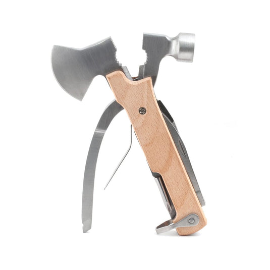 Multi-tool with axe head, knife blade, and bottle opener on a white background