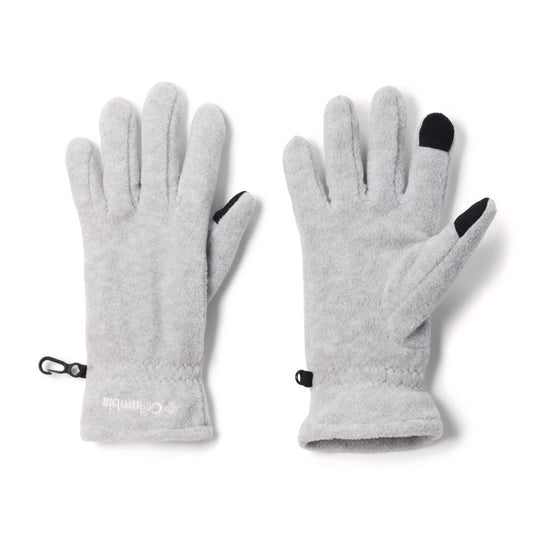 Pair of gray fleece gloves with black accents on a white background