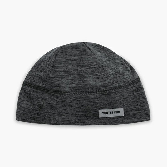 Gray beanie with a visible brand label on a white background