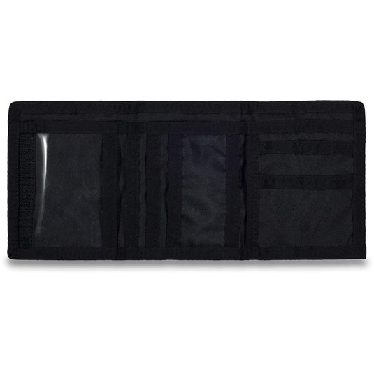 Black wallet with multiple compartments on a white background