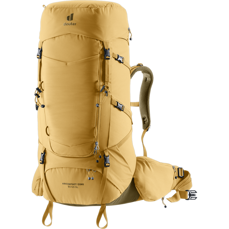 Load image into Gallery viewer, Yellow hiking backpack with multiple compartments and straps on a white background