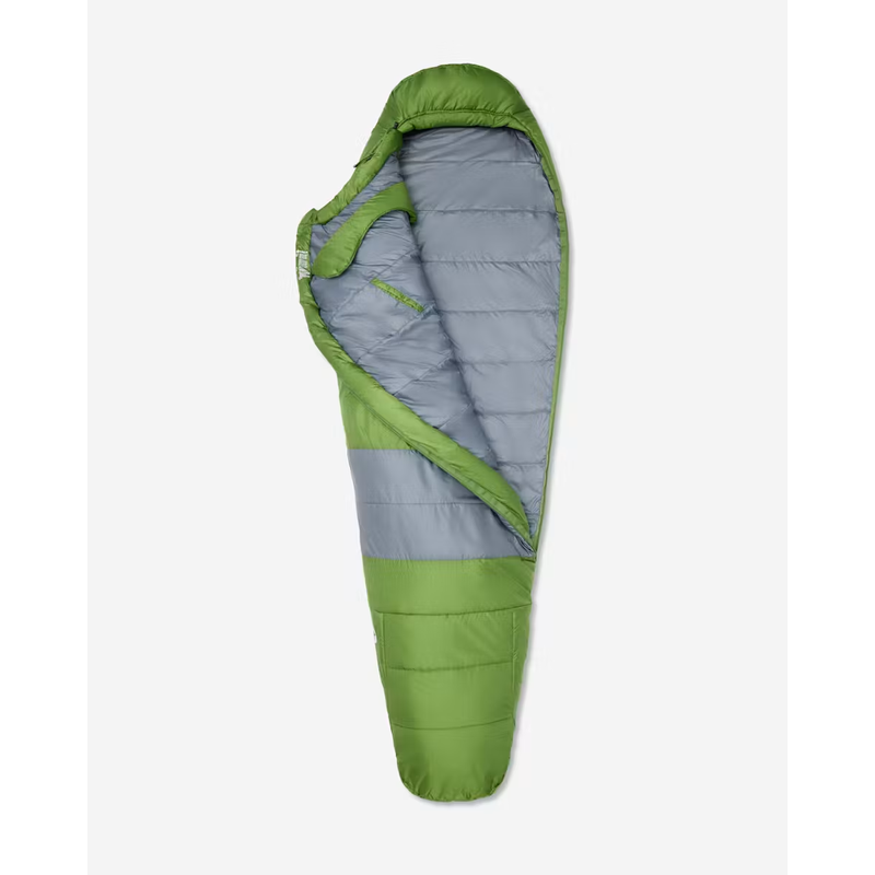 Load image into Gallery viewer, A green and gray mummy-style sleeping bag shown open against a light gray background.