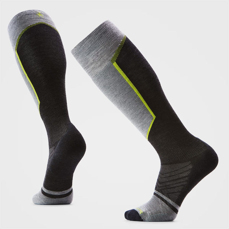 Load image into Gallery viewer, Pair of black and gray knee-high socks with green accents on a light gray background