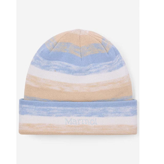Striped beanie with blue, beige, and white colors on a white background