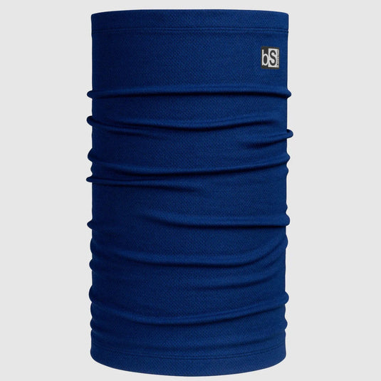 Blue neck gaiter with a brand logo on a light gray background