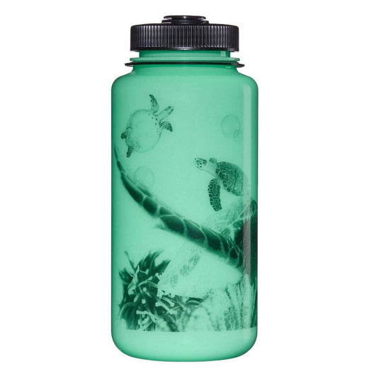 Green water bottle with turtle design on a white background