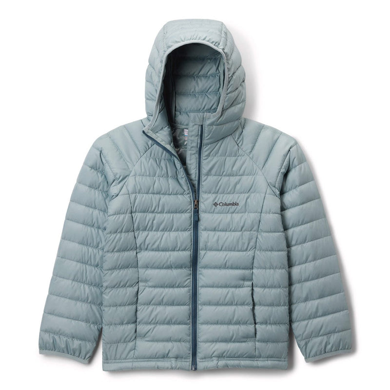 Load image into Gallery viewer, Light blue puffer jacket with Columbia logo on a white background