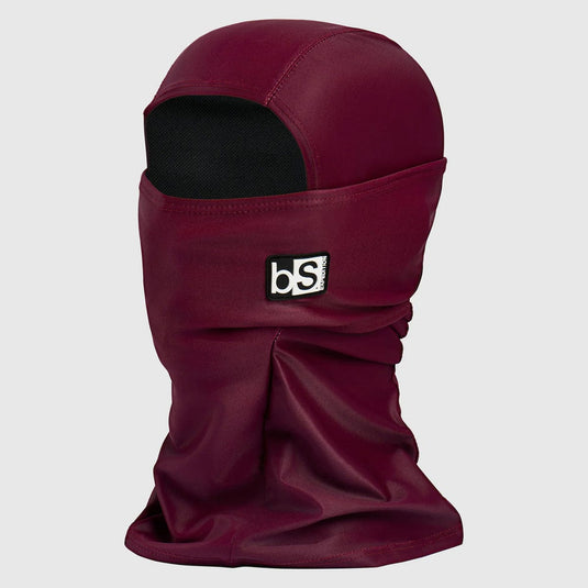 Maroon balaclava with a logo on a light gray background