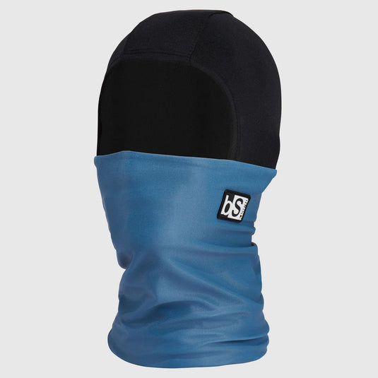 Black and blue balaclava with a brand logo on a light gray background