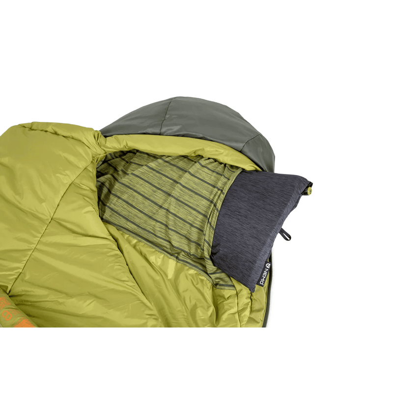 Load image into Gallery viewer, Green and gray sleeping bag with brand logo on a white background