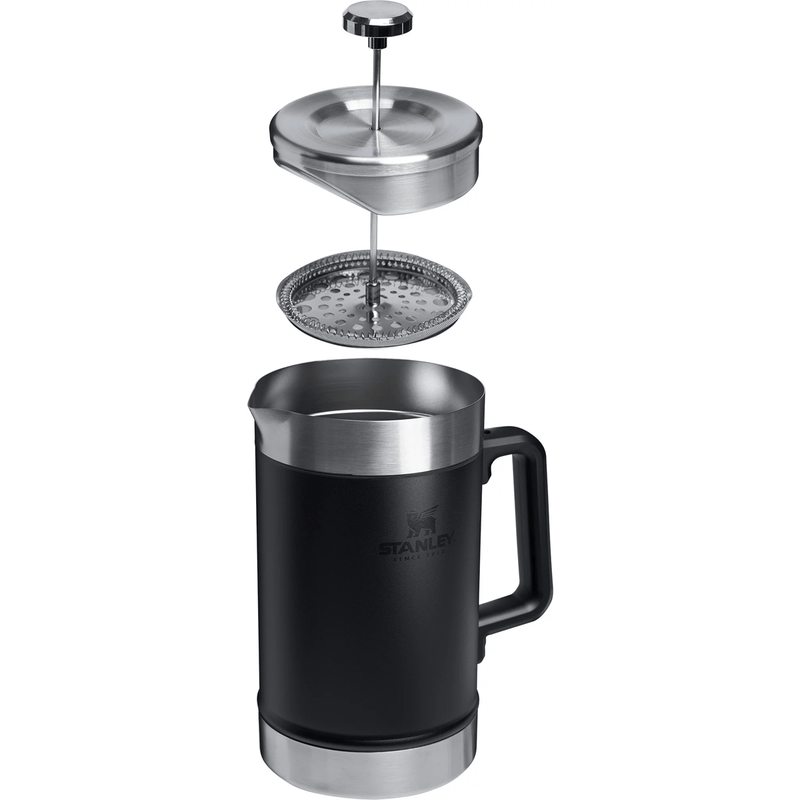 Load image into Gallery viewer, A black and stainless steel French press shown disassembled with its plunger and filter basket floating above the carafe, on a plain white background. The carafe features a black body, a stainless steel handle, and the STAINLESS brand logo printed on the front.