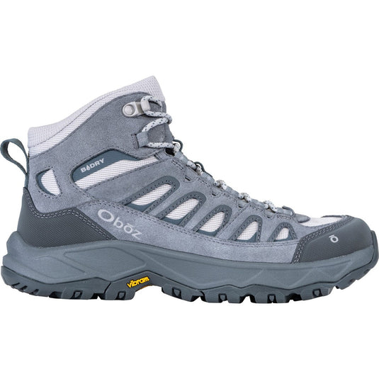 Gray hiking boot with Oboz branding on a white background