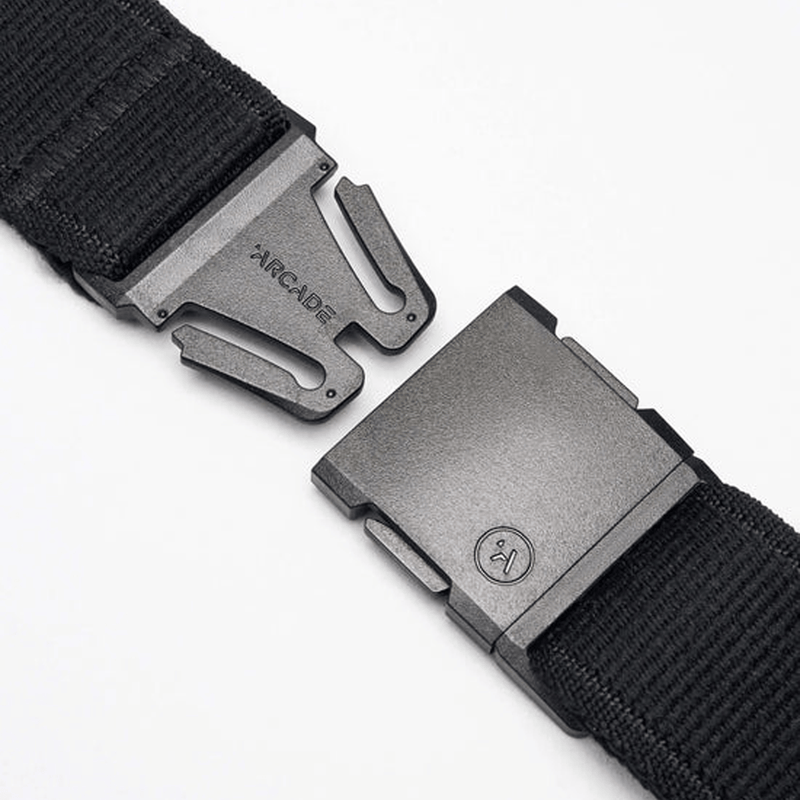 Load image into Gallery viewer, Black belt with silver Arcade buckle on a white background