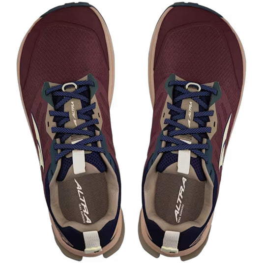 Maroon and navy running shoes with 'Altra' branding on a white background