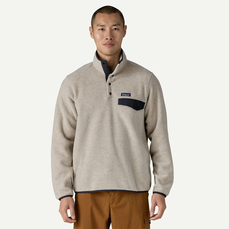 Load image into Gallery viewer, Man wearing a beige fleece pullover with a logo on a white background