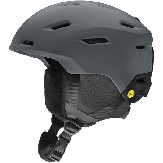Gray helmet with black strap on a white background