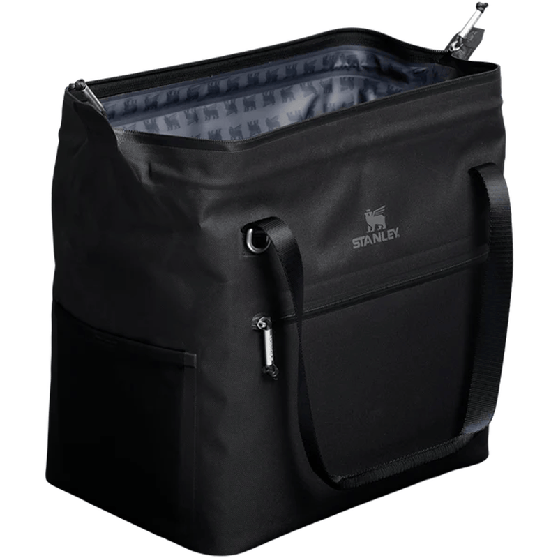 Load image into Gallery viewer, Black cooler bag with shoulder strap on a white background