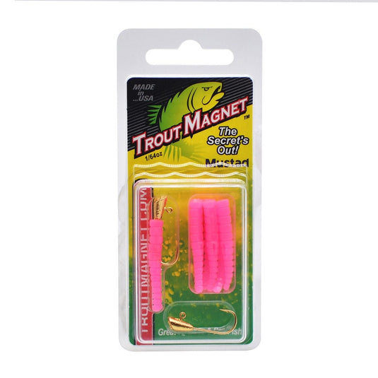 Trout Magnet fishing lure packaging with pink treble hooks on a white background