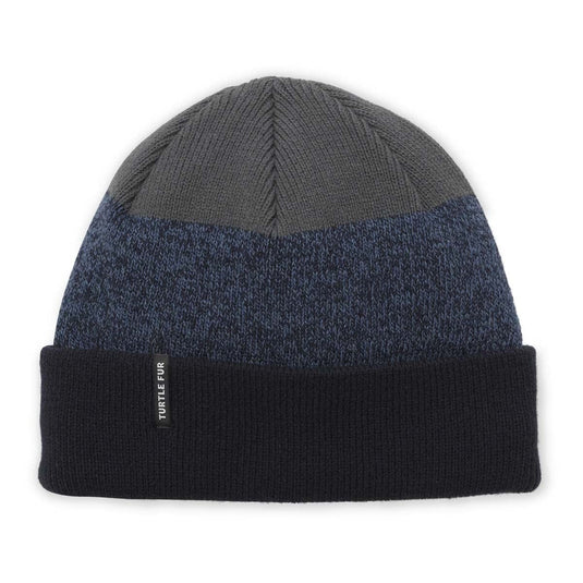 Multicolored beanie with black, blue, and gray sections on a white background
