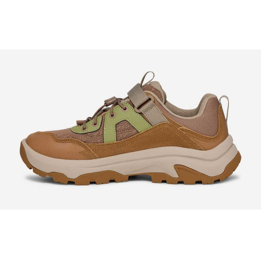 Brown and beige sneaker with green accents on a white background