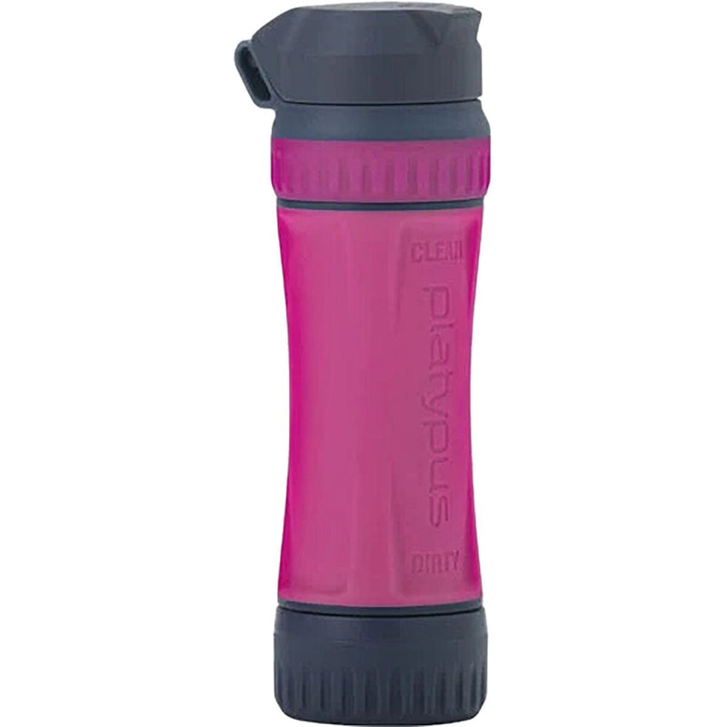 Load image into Gallery viewer, Pink and gray water bottle with 'Platyypus' branding on a white background