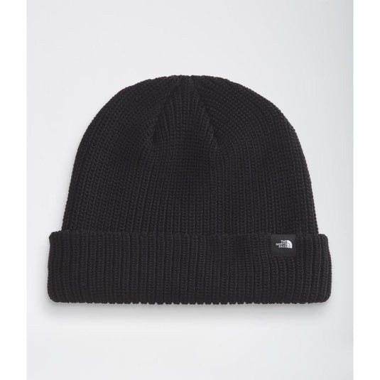 Black beanie with a brand logo on a white background
