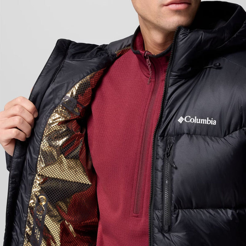 Load image into Gallery viewer, Person wearing a black Columbia jacket with a maroon shirt underneath, on a light gray background