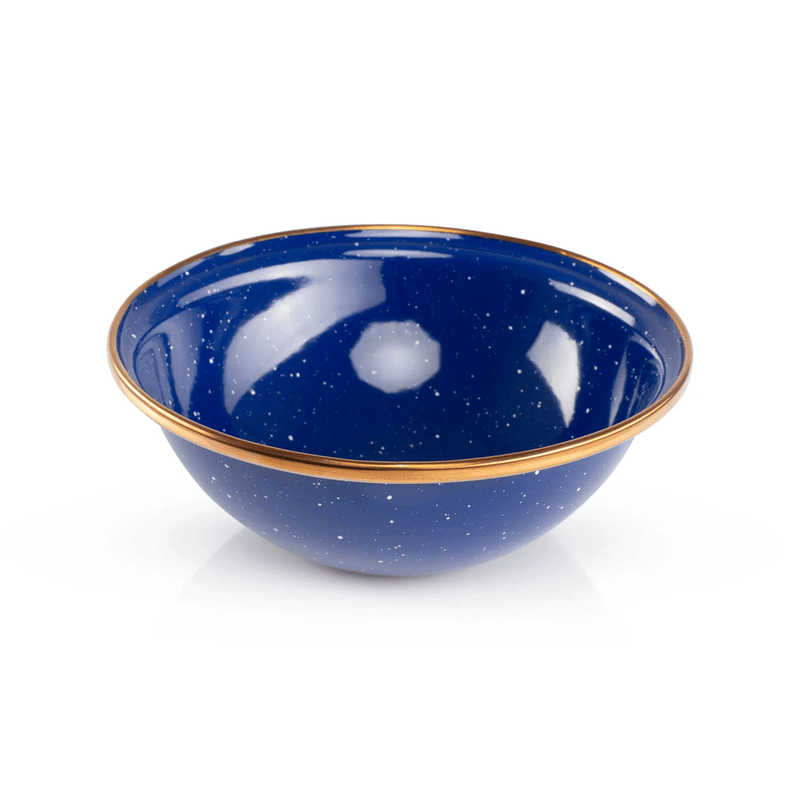 Load image into Gallery viewer, Blue enamel bowl with gold rim on a white background