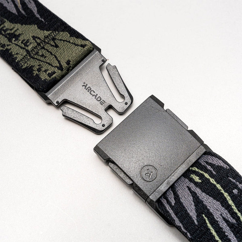 Load image into Gallery viewer, Two belts with camouflage patterns and metallic buckles on a white background