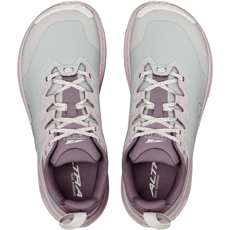 Load image into Gallery viewer, Pair of gray and purple running shoes with white laces on a white background