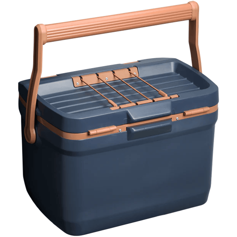 Load image into Gallery viewer, Blue cooler box with brown handles on a white background