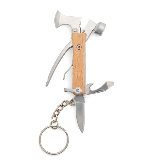 Multitool keychain with axe head, bottle opener, and knife on a white background