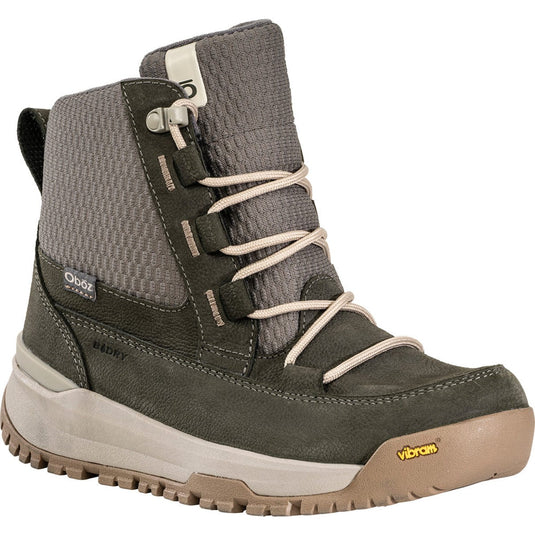 Pair of gray winter boots with beige laces on a white background