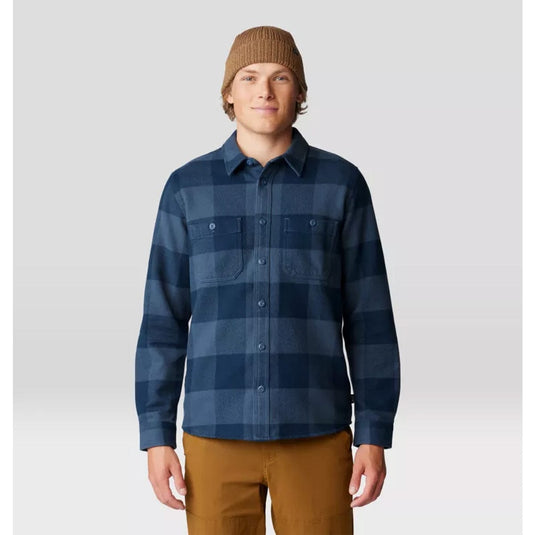Man wearing a blue plaid shirt and brown beanie on a white background