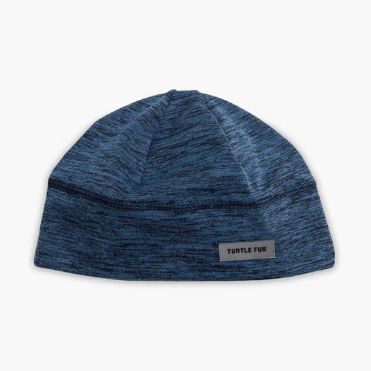 Blue beanie with a label on a white background