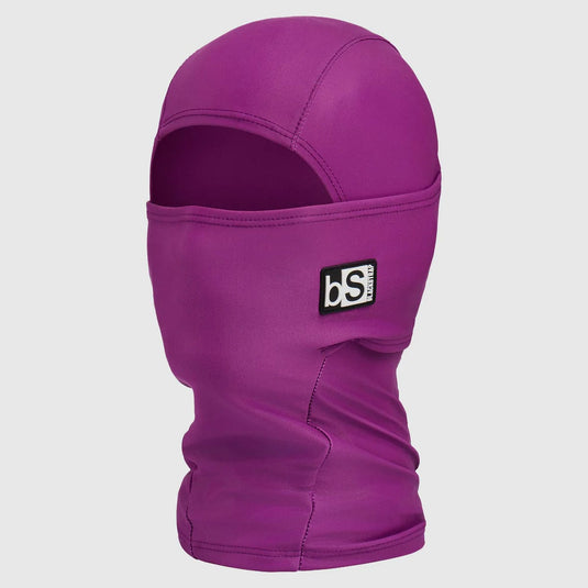 Purple balaclava with a brand logo on a light gray background