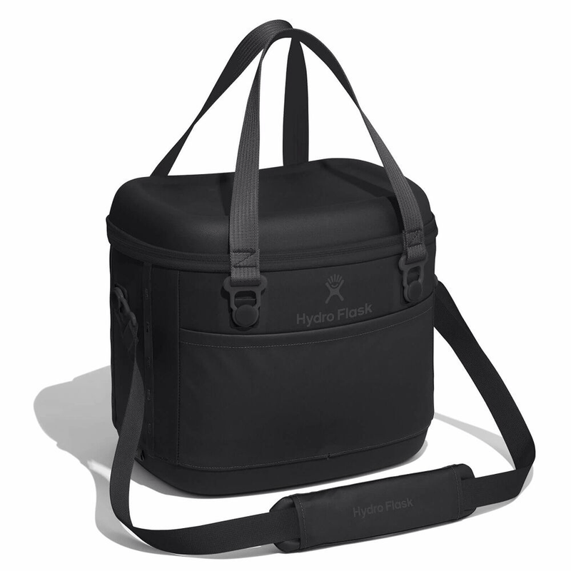 Load image into Gallery viewer, Black cooler bag with shoulder strap on a white background, featuring Hydro Flask logo.