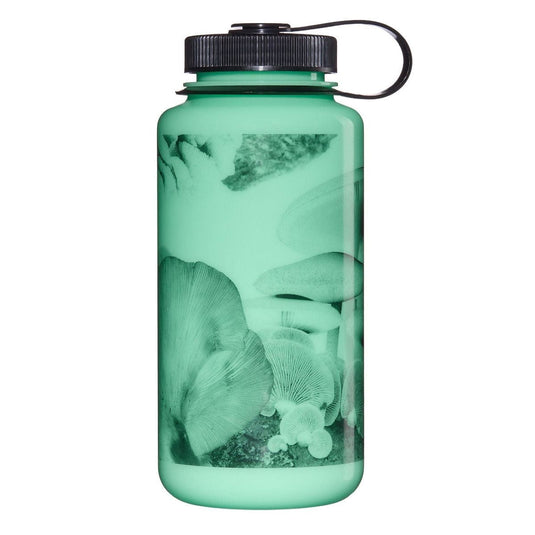 Green water bottle with mushroom design on a white background