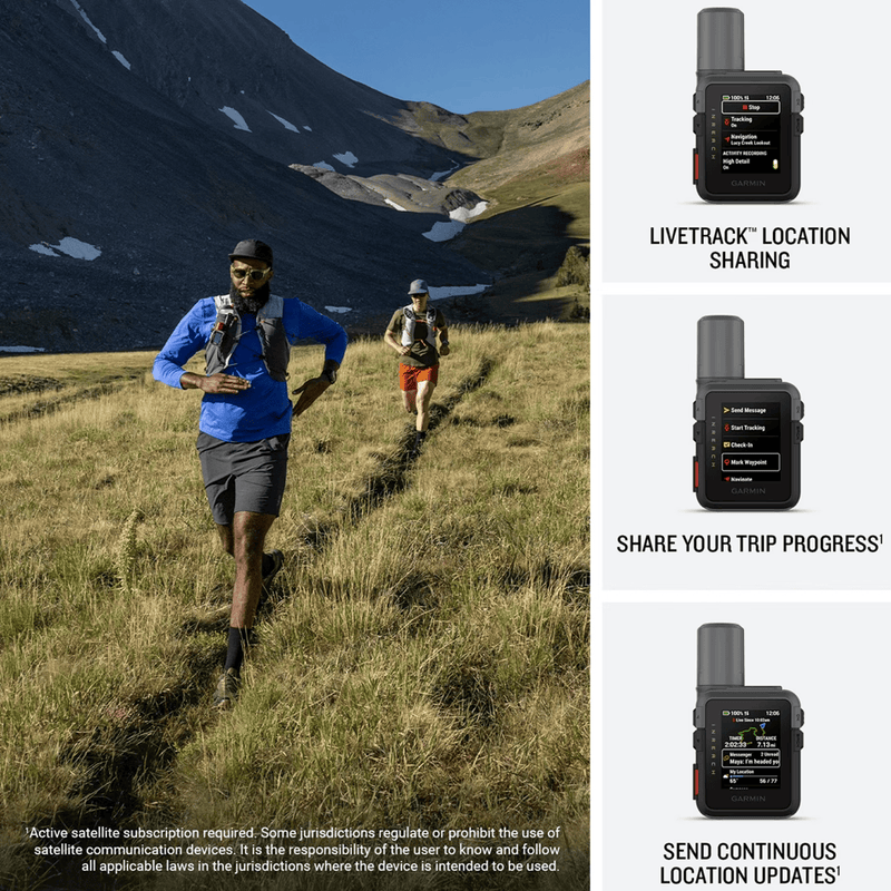 Load image into Gallery viewer, A promotional collage for a Livetrack location-sharing device. The left side shows two trail runners in a mountain meadow, while the right side shows three small product photos of the black handheld device with text labels: 'LIVETRACK LOCATION SHARING,' 'SHARE YOUR TRIP PROGRESS,' and 'SEND CONTINUOUS LOCATION UPDATES.