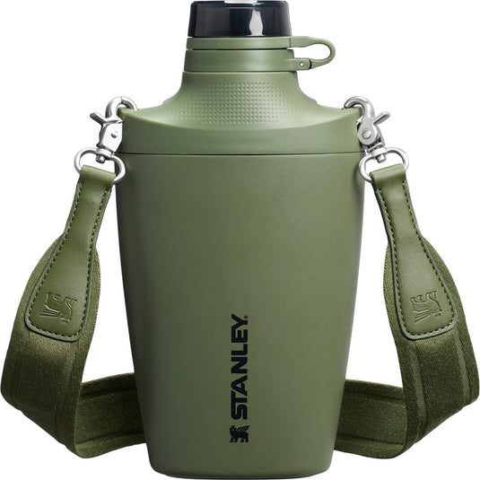 Green Stanley water bottle with a strap on a white background