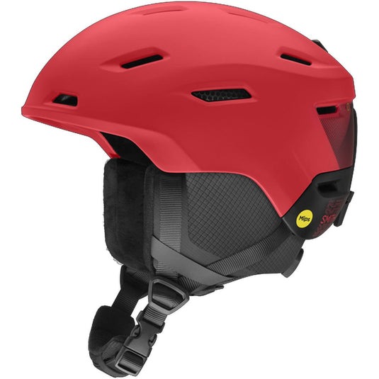 Red helmet with black interior and straps on a white background