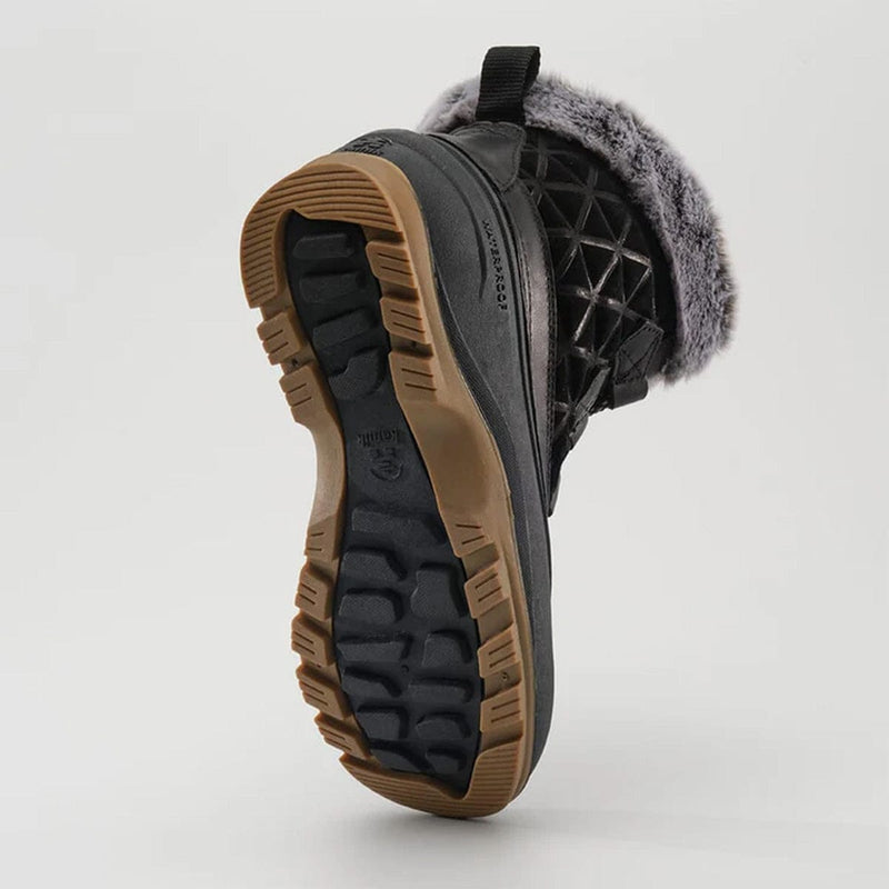 Load image into Gallery viewer, Close-up of a winter boot with brown sole and gray fur lining on a light gray background