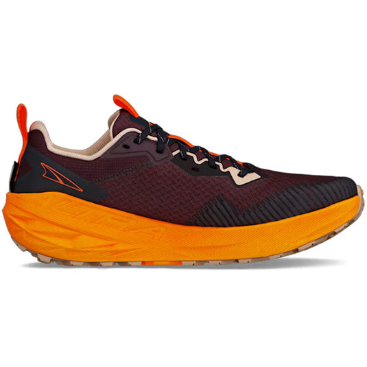 Maroon and orange running shoe on a white background