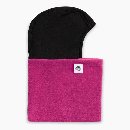Black headscarf with a pink fleece inner layer on a white background, featuring a visible brand logo.