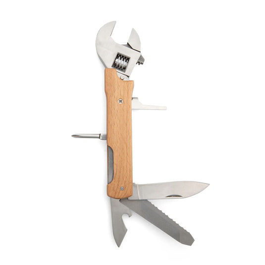 Multitool with wooden handle and various tools on a white background