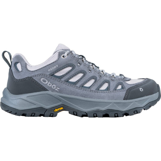 Gray hiking shoe with 'Oboz' branding on a white background