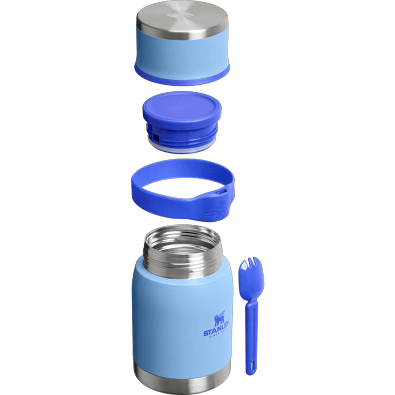 Load image into Gallery viewer, Blue thermos with silver interior and blue lid and fork on a white background