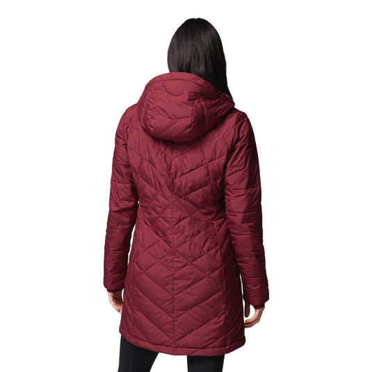Maroon quilted coat worn by a person on a white background