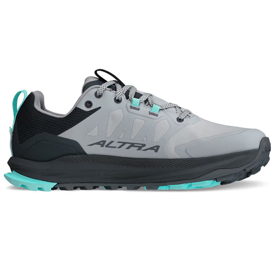 Gray and black running shoe with teal accents on a white background