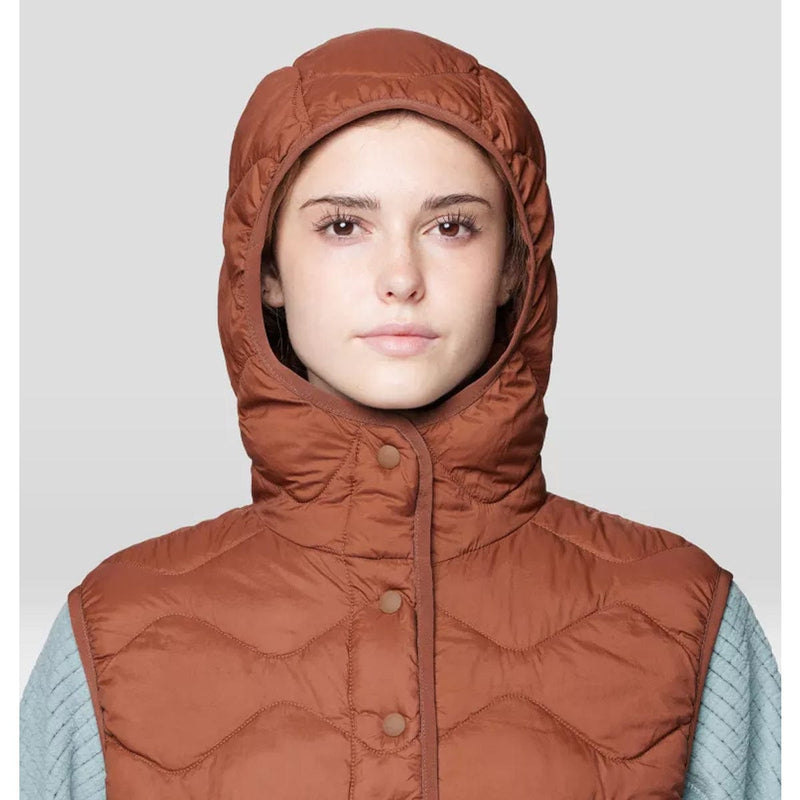 Load image into Gallery viewer, Person wearing a brown quilted vest with a hood on a light gray background